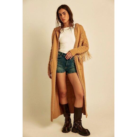 $347! Free People of UNDERSTATED LEATHER  Studded Fringe Cardigan Camel S/M NEW - Picture 2 of 4